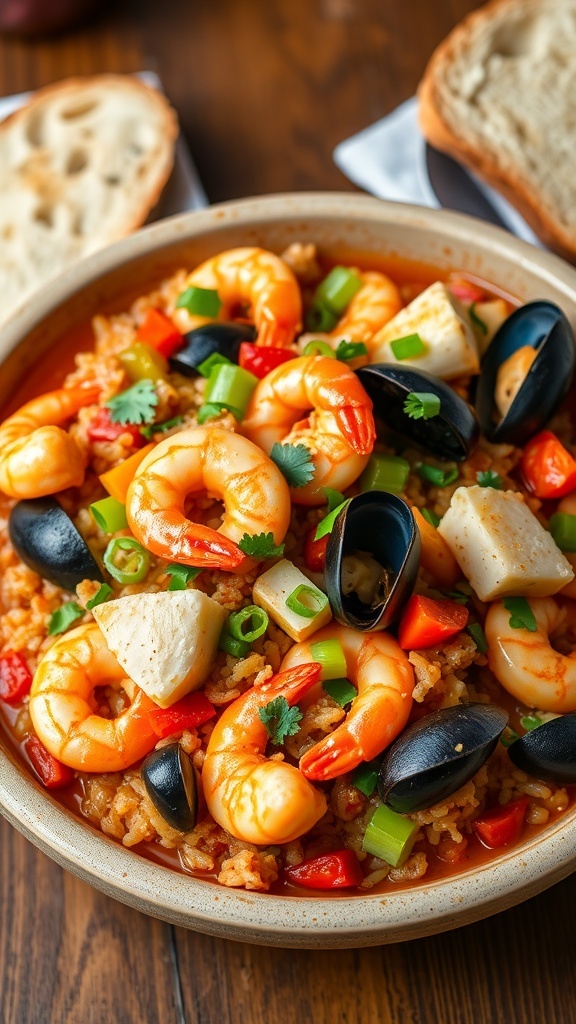 A bowl of seafood jambalaya with shrimp, mussels, and rice, garnished with parsley and green onions, on a rustic wooden table.